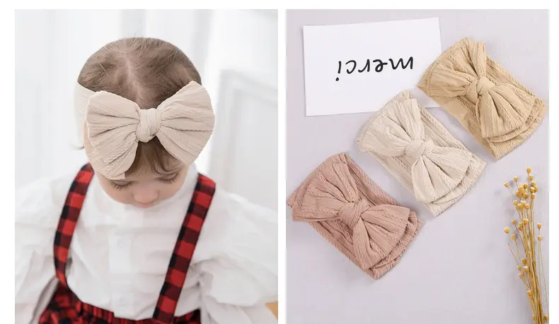 Beige Jacquard Nylon Double Bow Baby Headband — feature 13