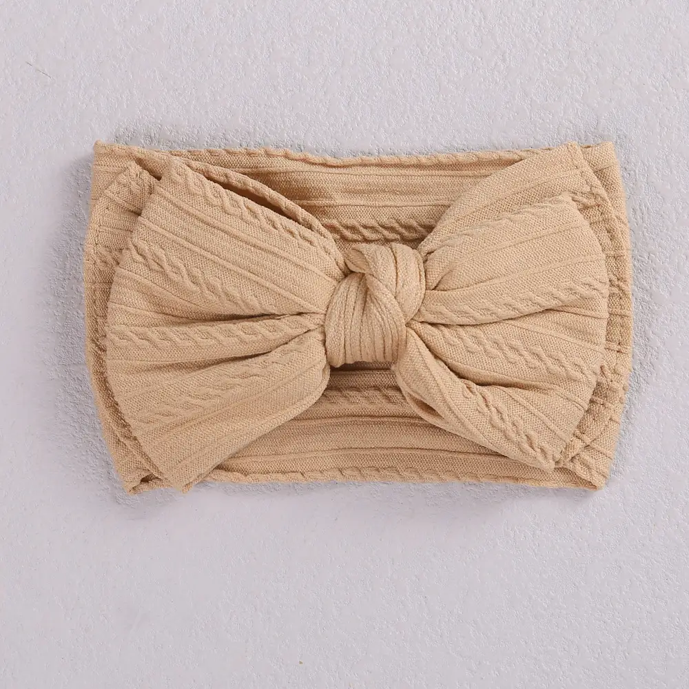Beige Jacquard Nylon Double Bow Baby Headband - Image 3
