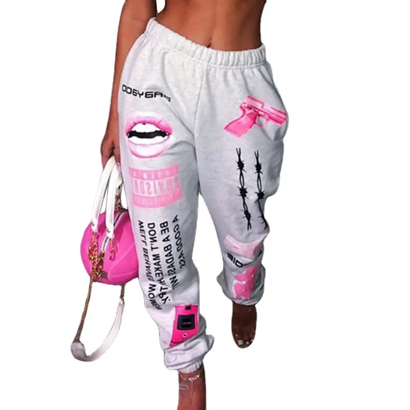 Women's 2021 Pink Lip Print Elastic Waist Harem Pants - Image 7