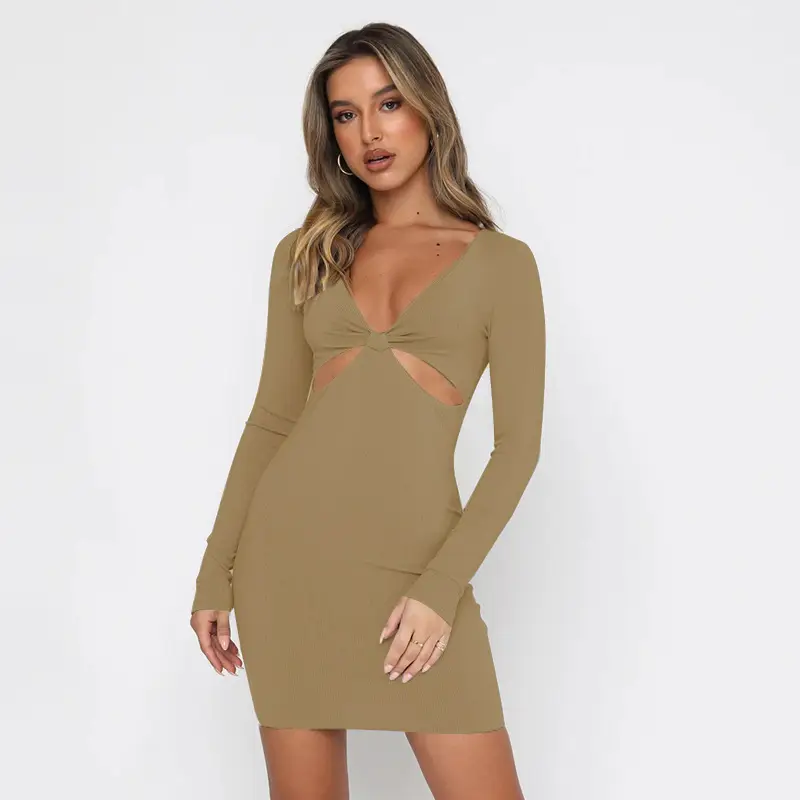 2021 Light Blue Slim Fit Long Sleeve Hip Skirt Dress - Image 4