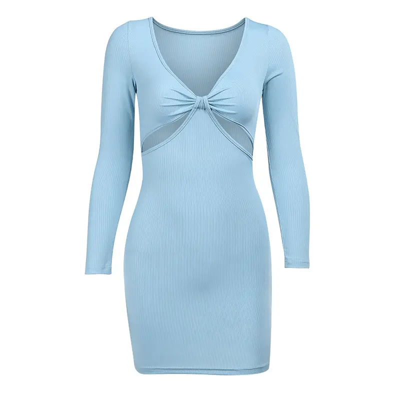 2021 Light Blue Slim Fit Long Sleeve Hip Skirt Dress - Image 6