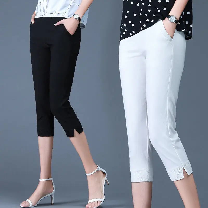 Women's Black & White Capri Pants with Split Feet - Image 4