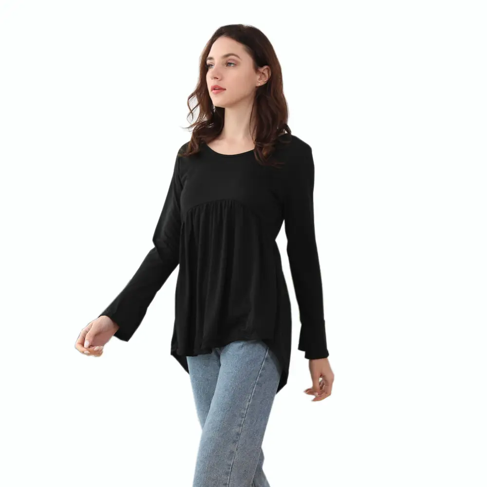 Black Bell Sleeve Pleated T-Shirt for Women