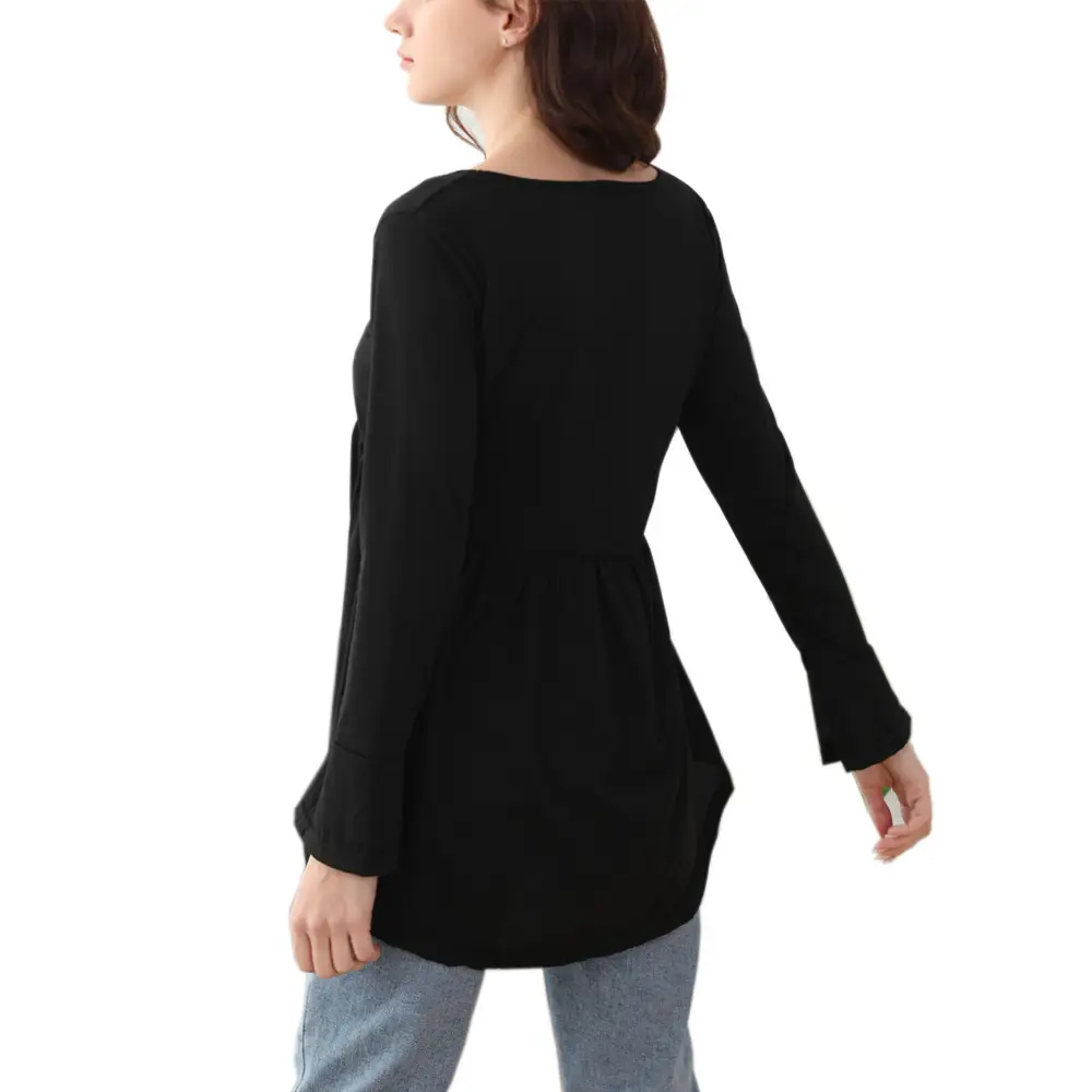 Black Bell Sleeve Pleated T-Shirt for Women