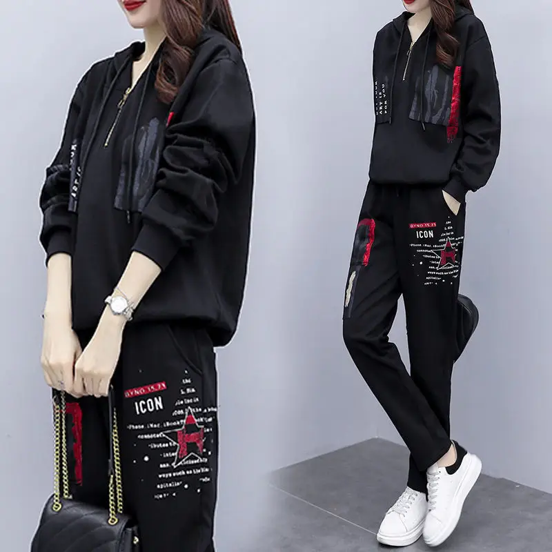 Women Printed Hoodie Sweatpants Set Black Winter Korean Style - Image 4