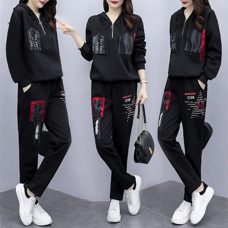 Women Printed Hoodie Sweatpants Set Black Winter Korean Style - Image 5