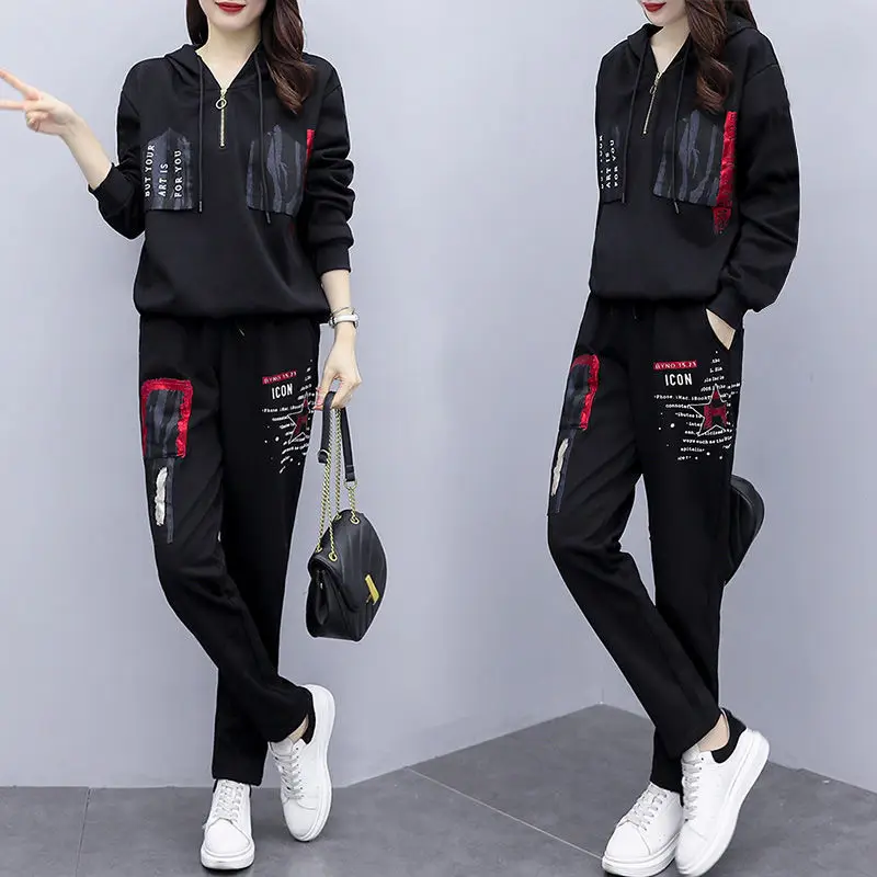 Women Printed Hoodie Sweatpants Set Black Winter Korean Style - Image 6