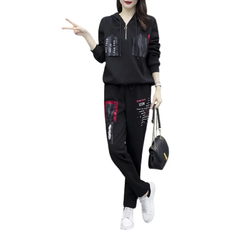 Women Printed Hoodie Sweatpants Set Black Winter Korean Style - Image 7