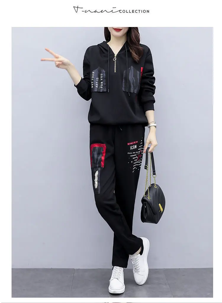 Women Printed Hoodie Sweatpants Set Black Winter Korean Style — feature 10