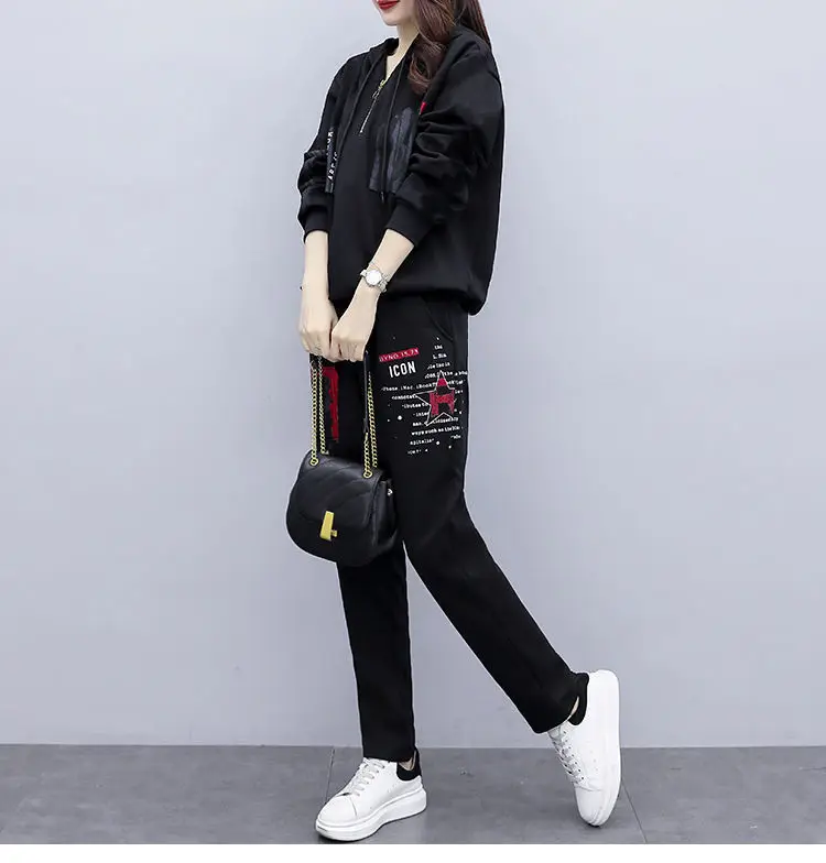 Women Printed Hoodie Sweatpants Set Black Winter Korean Style — feature 11