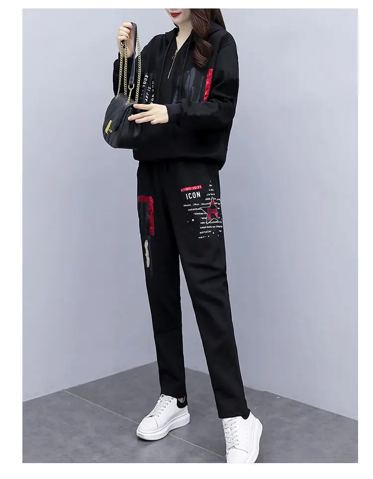Women Printed Hoodie Sweatpants Set Black Winter Korean Style — feature 12
