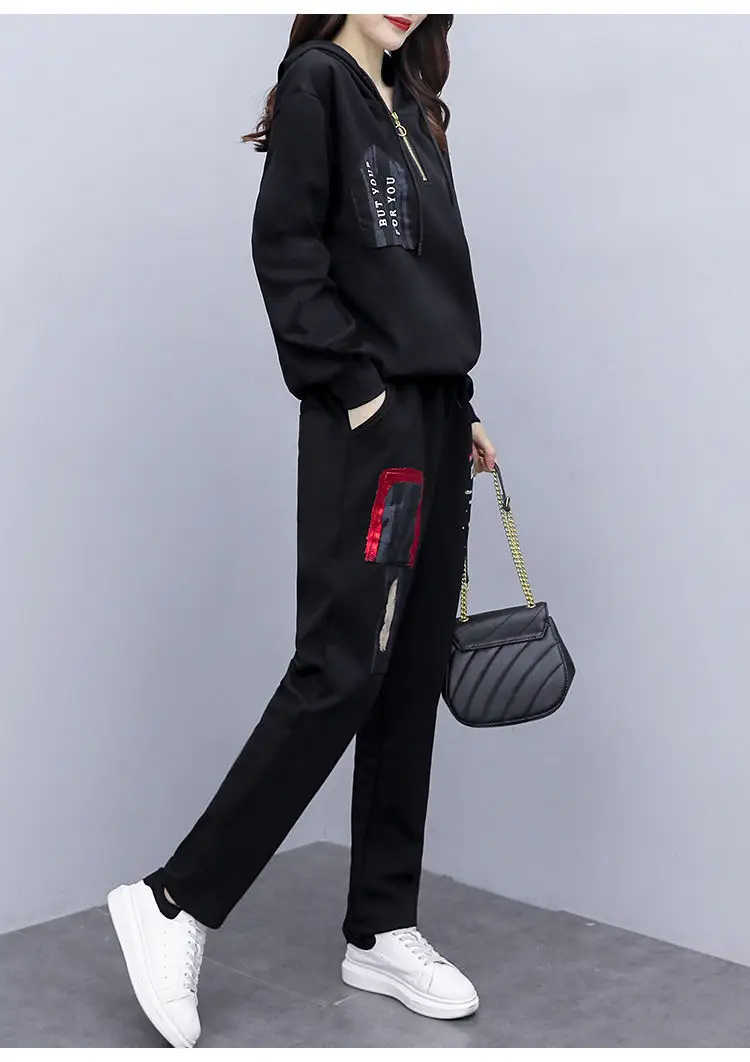 Women Printed Hoodie Sweatpants Set Black Winter Korean Style — feature 13