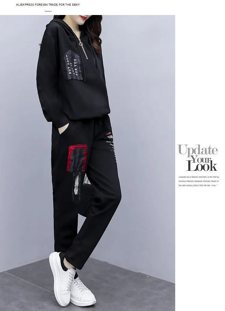 Women Printed Hoodie Sweatpants Set Black Winter Korean Style — feature 14