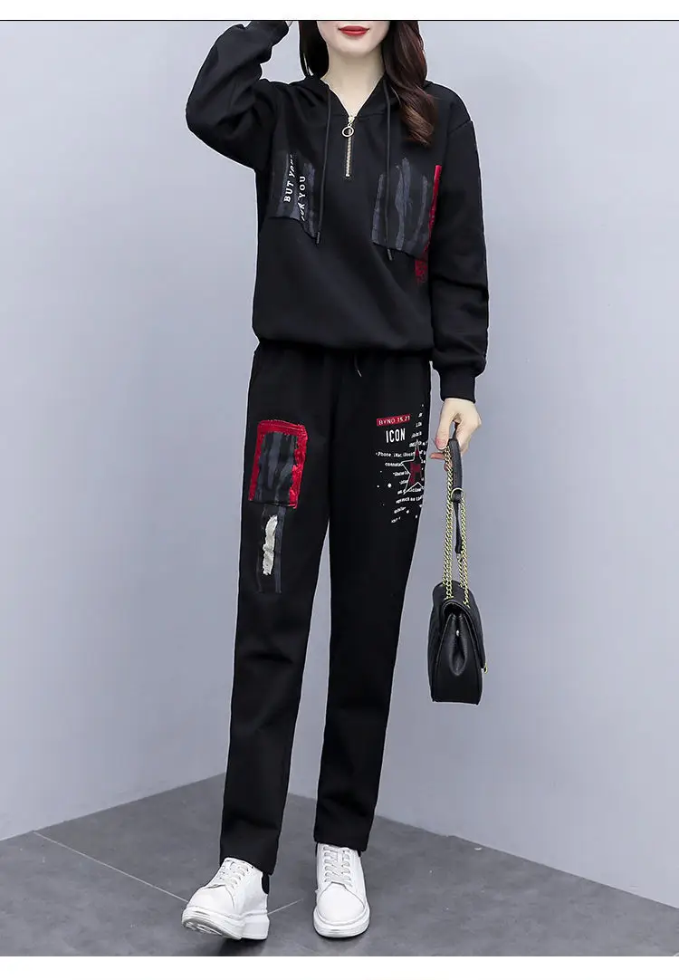 Women Printed Hoodie Sweatpants Set Black Winter Korean Style — feature 15