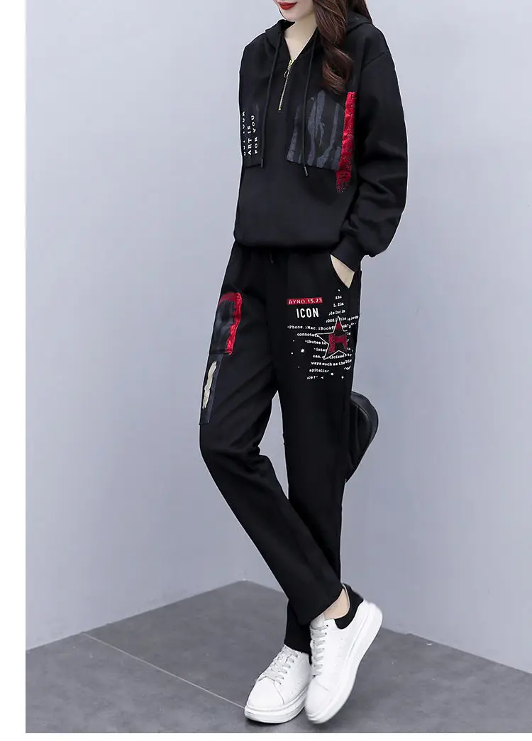 Women Printed Hoodie Sweatpants Set Black Winter Korean Style — feature 16