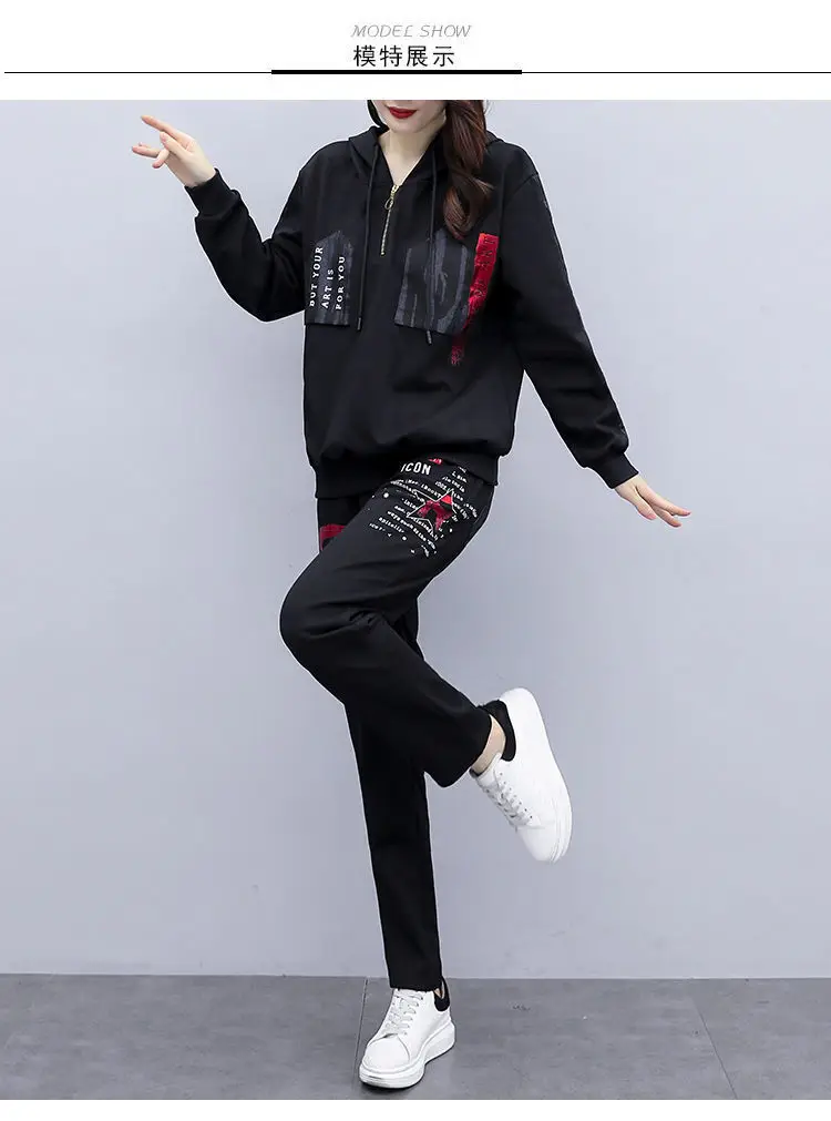 Women Printed Hoodie Sweatpants Set Black Winter Korean Style — feature 9