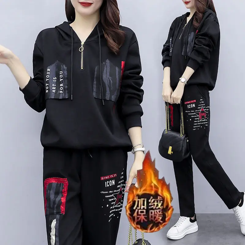 Women Printed Hoodie Sweatpants Set Black Winter Korean Style - Image 2