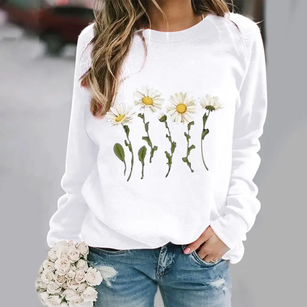 Women White Daisy Print Long Sleeve Sweatshirt - Image 13