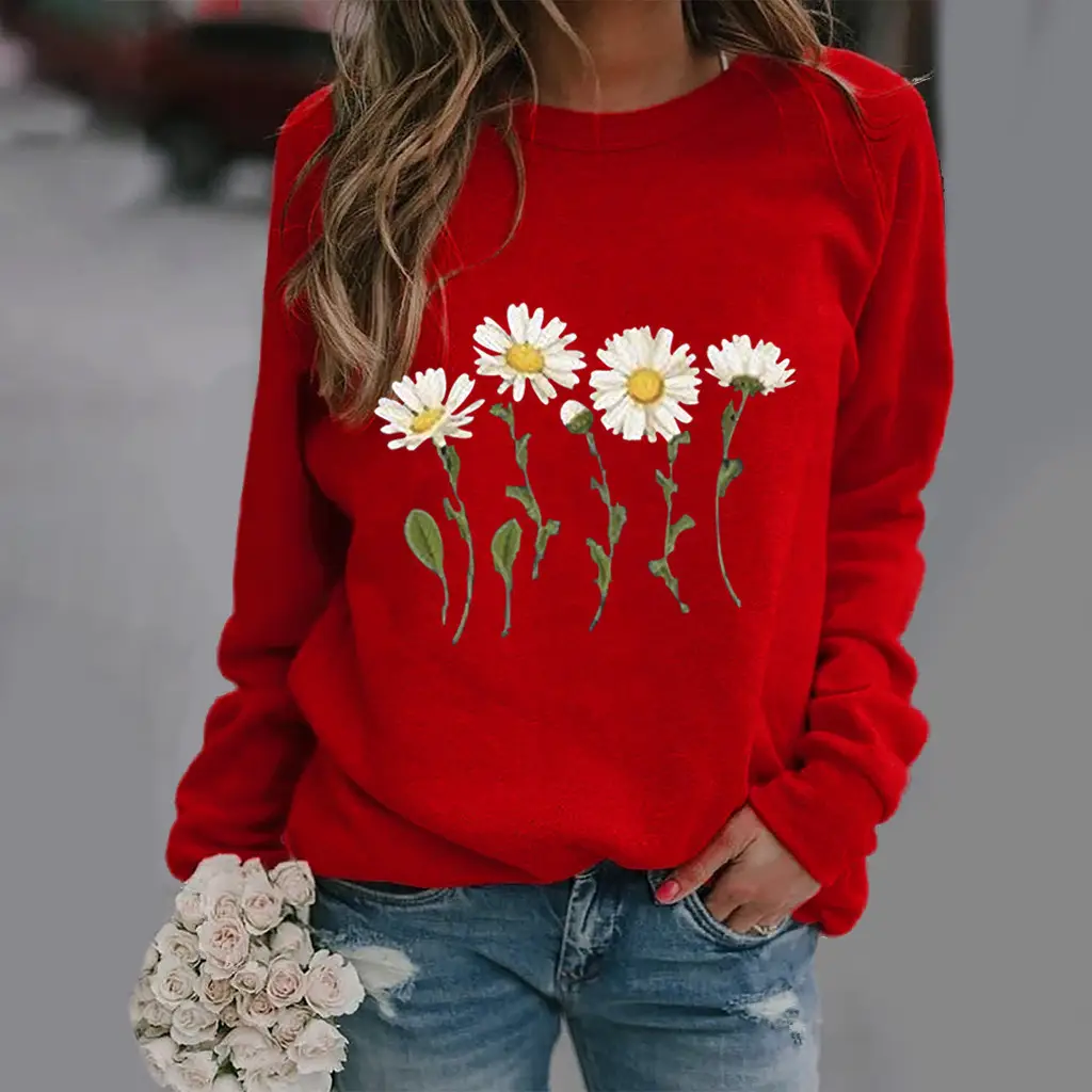 Women White Daisy Print Long Sleeve Sweatshirt - Image 5
