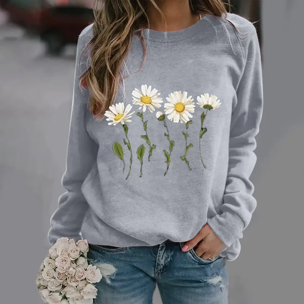Women White Daisy Print Long Sleeve Sweatshirt - Image 7