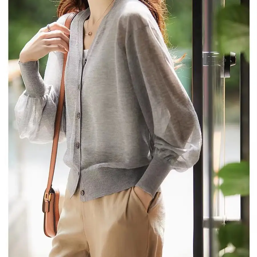 Green French Knit V Neck Cardigan with Puff Sleeve - Image 2