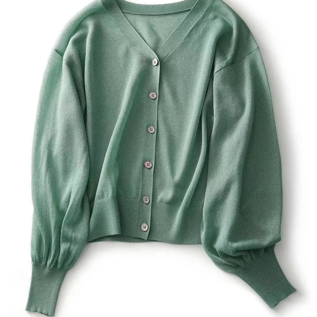 Green French Knit V Neck Cardigan with Puff Sleeve - Image 5