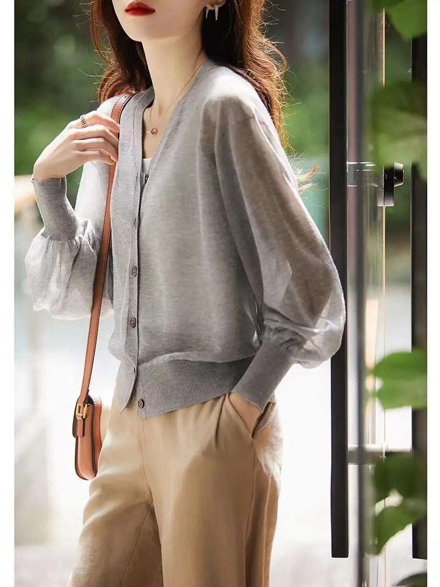 Green French Knit V Neck Cardigan with Puff Sleeve — feature 2