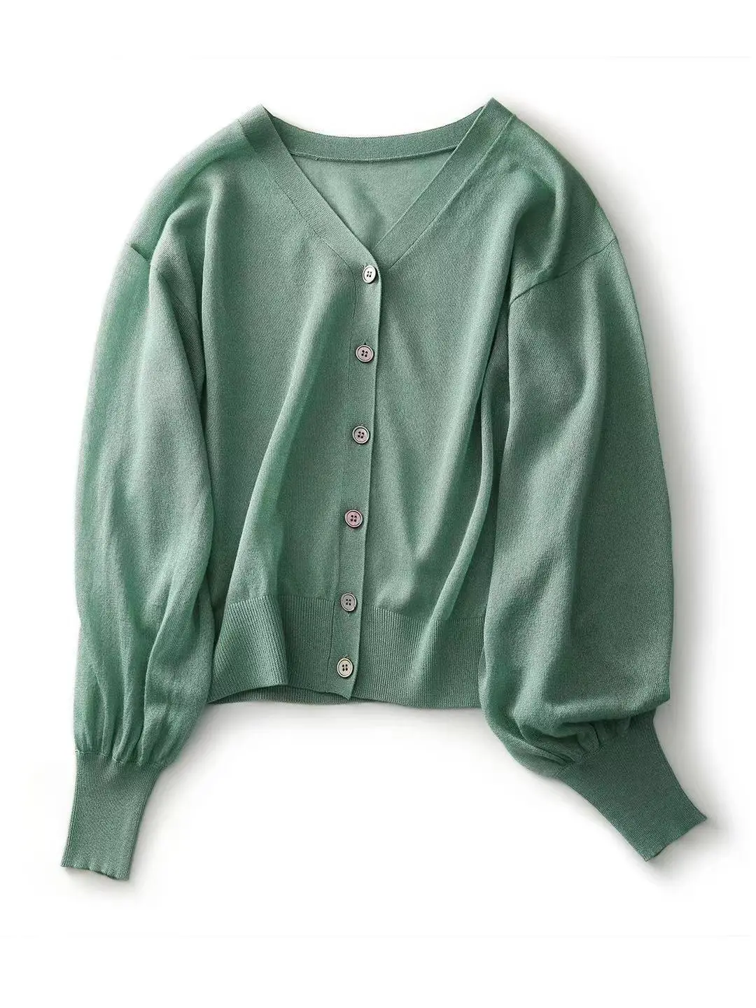 Green French Knit V Neck Cardigan with Puff Sleeve — feature 4