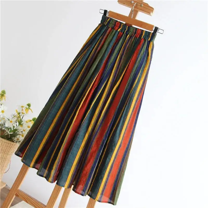 Cotton Striped A-Line Skirt Mid-Length Casual Printed - Image 5