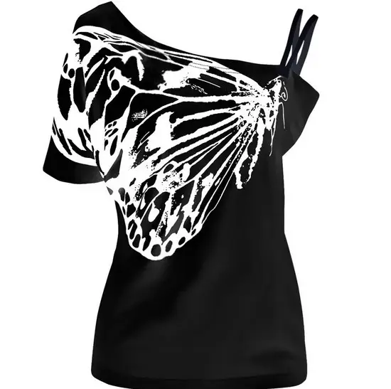 Women Butterfly Print T-Shirt White Plus Size Loose Fit