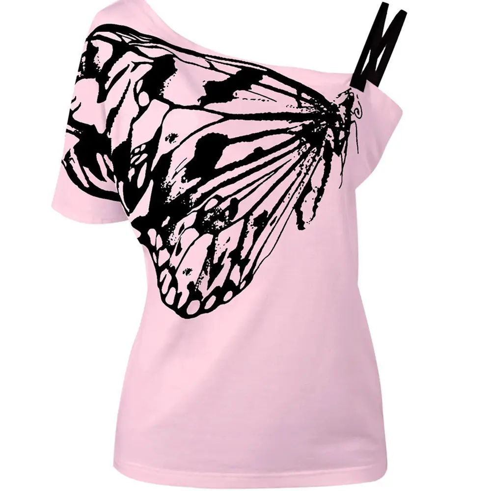 Women Butterfly Print T-Shirt White Plus Size Loose Fit
