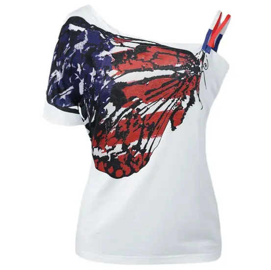 Women Butterfly Print T-Shirt White Plus Size Loose Fit