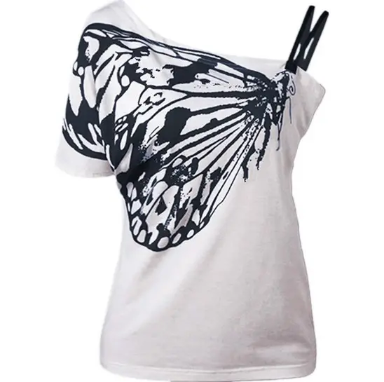 Women Butterfly Print T-Shirt White Plus Size Loose Fit