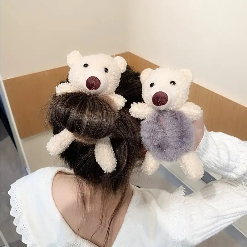 Soft Plush Teddy Bear with Gray Faux Fur Head and Rope - Image 6