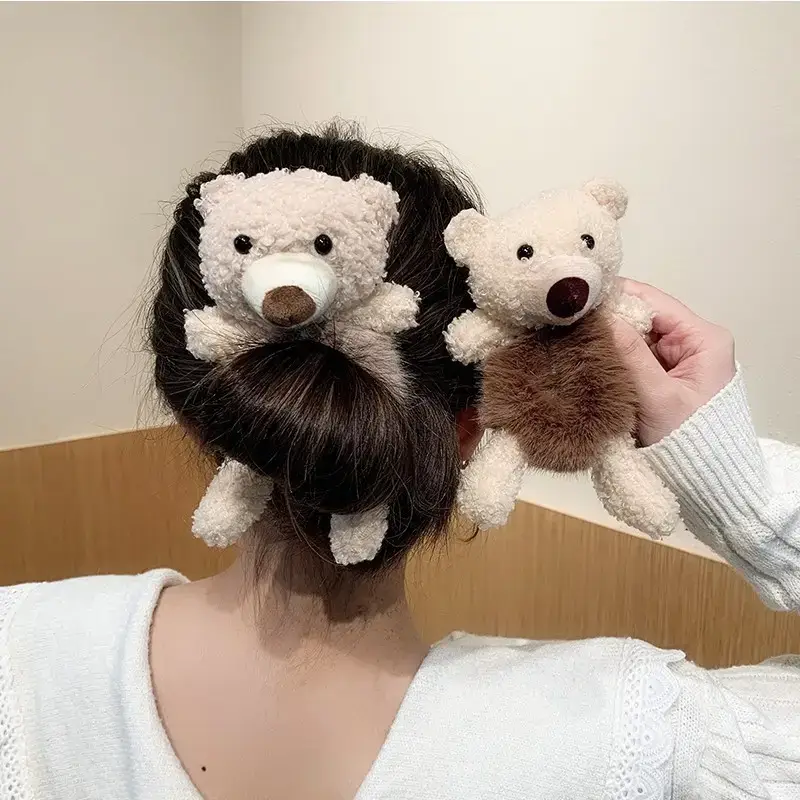 Soft Plush Teddy Bear with Gray Faux Fur Head and Rope - Image 7