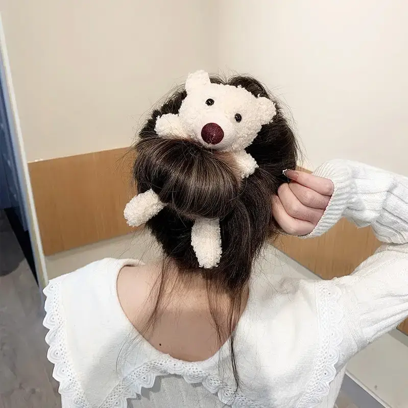 Soft Plush Teddy Bear with Gray Faux Fur Head and Rope - Image 8