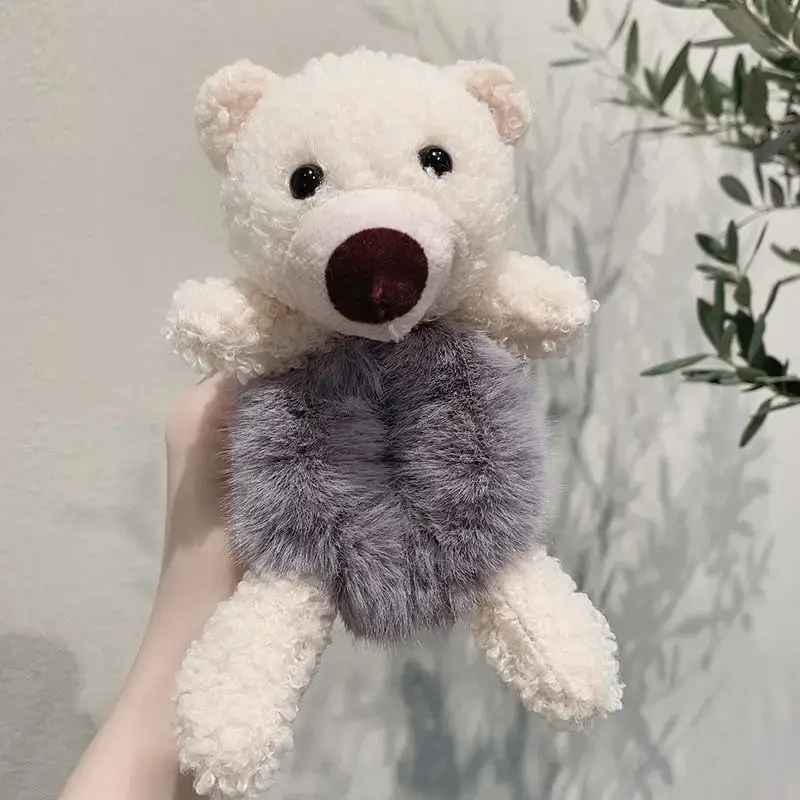 Soft Plush Teddy Bear with Gray Faux Fur Head and Rope - Image 3