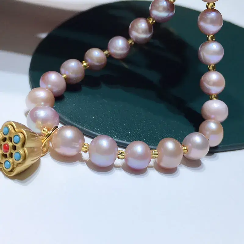 Pink & Purple Freshwater Pearl Bracelet 7mm - Image 4