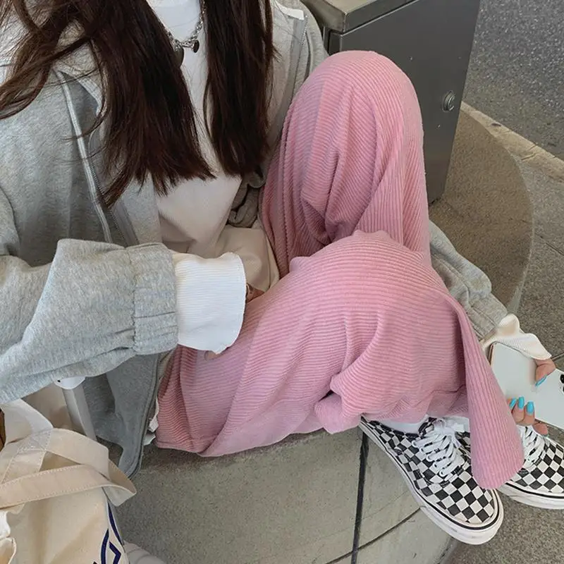 Women Pink Chiffon Wide-leg Pants Spring Autumn Loose Fleece - Image 5