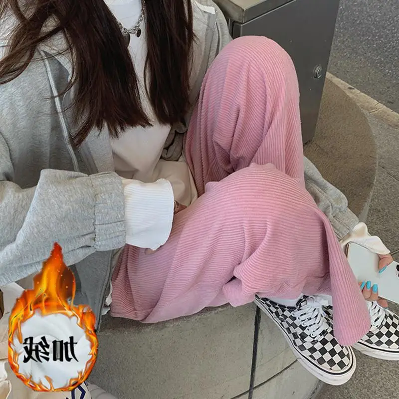 Women Pink Chiffon Wide-leg Pants Spring Autumn Loose Fleece - Image 6
