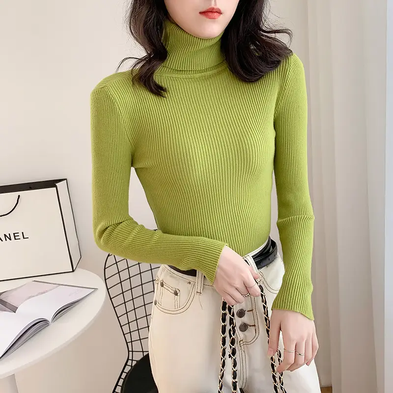 Women Green Knitted Turtleneck Sweater All Season
