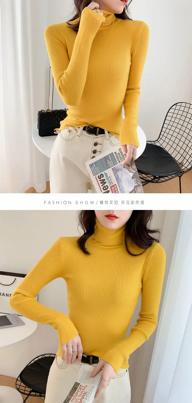 Women Green Knitted Turtleneck Sweater All Season — feature 10