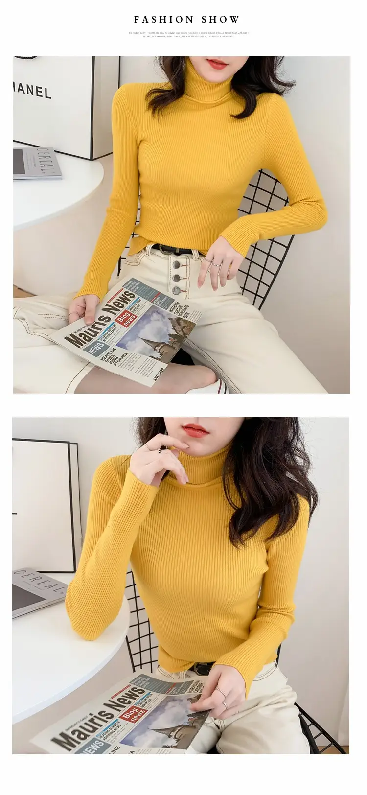 Women Green Knitted Turtleneck Sweater All Season — feature 11