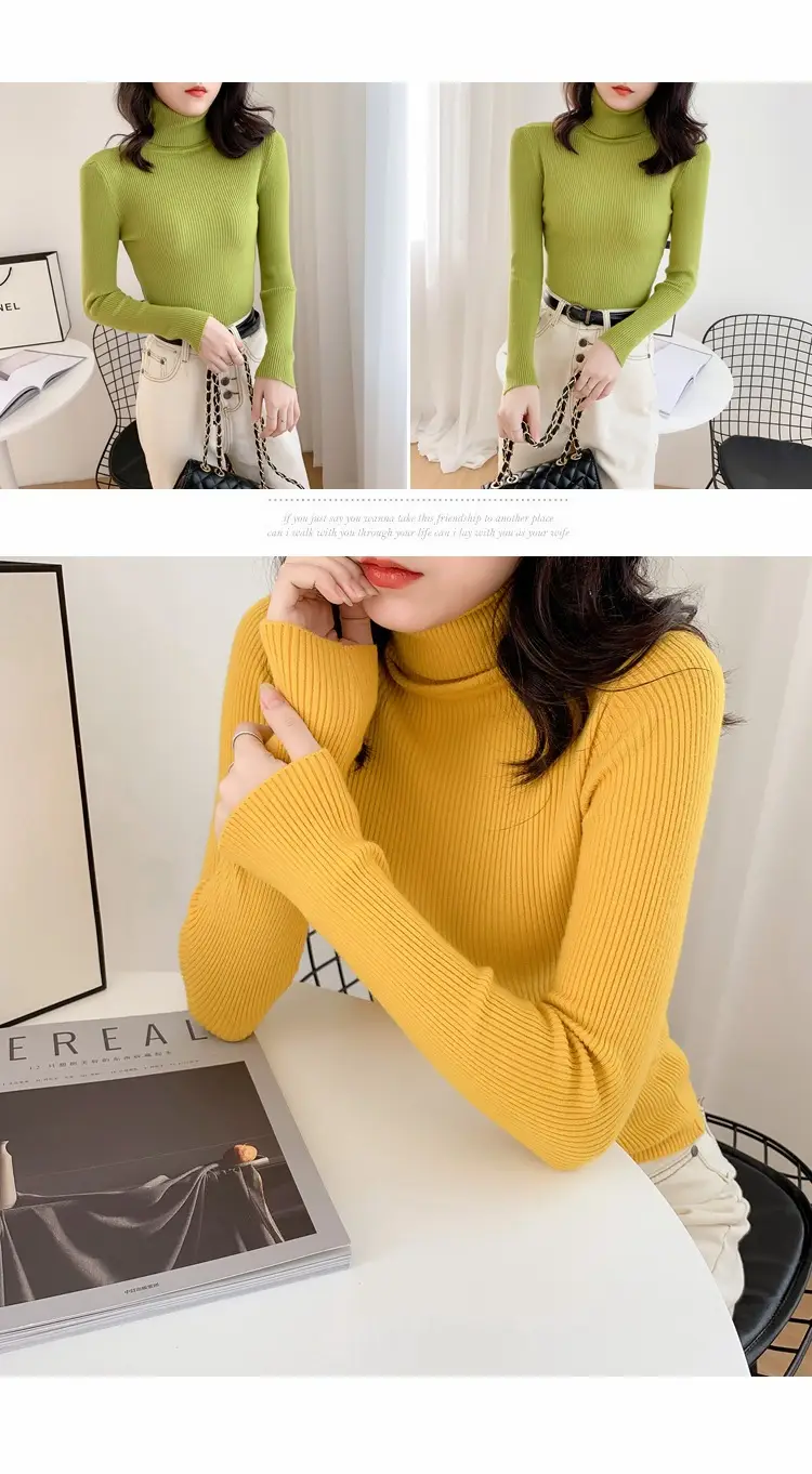 Women Green Knitted Turtleneck Sweater All Season — feature 12