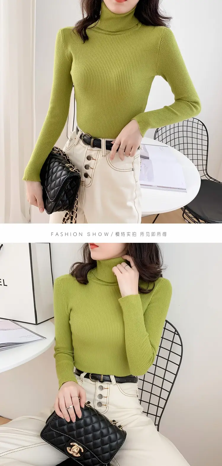 Women Green Knitted Turtleneck Sweater All Season — feature 13
