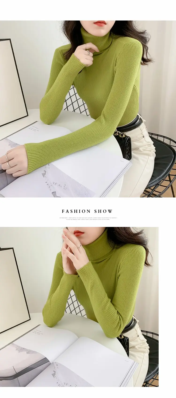 Women Green Knitted Turtleneck Sweater All Season — feature 14