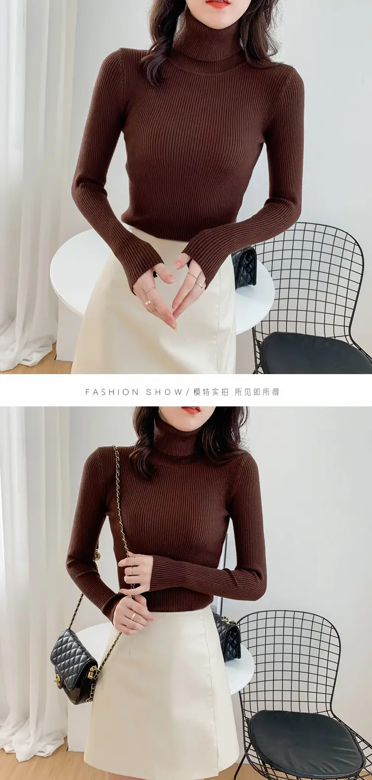 Women Green Knitted Turtleneck Sweater All Season — feature 15