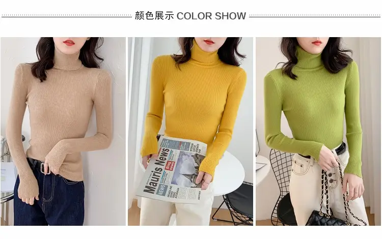 Women Green Knitted Turtleneck Sweater All Season — feature 2