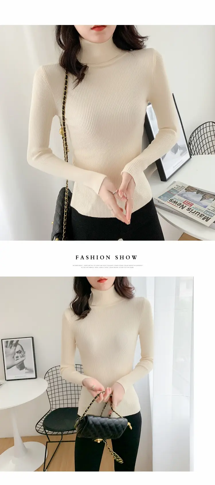 Women Green Knitted Turtleneck Sweater All Season — feature 24