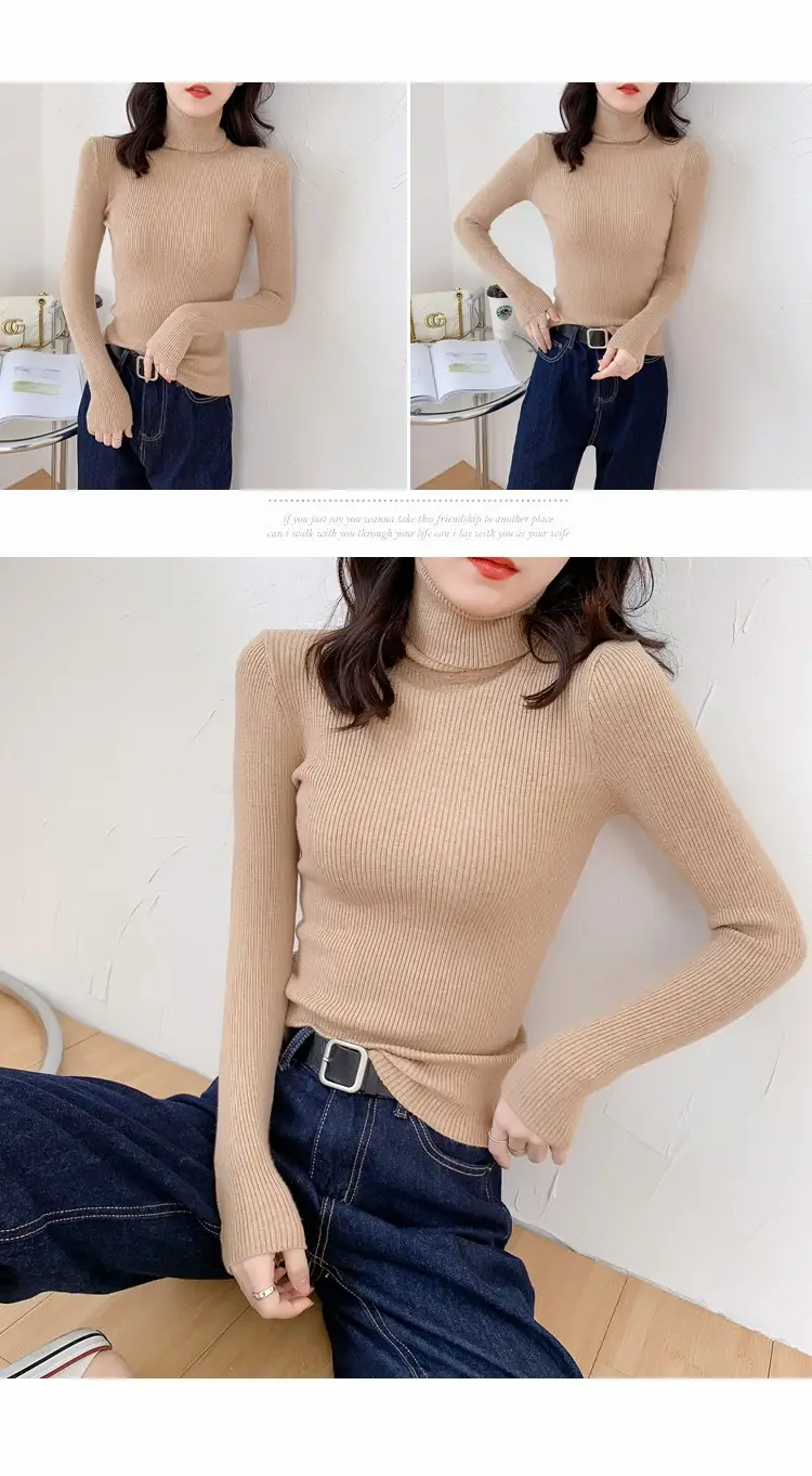Women Green Knitted Turtleneck Sweater All Season — feature 7